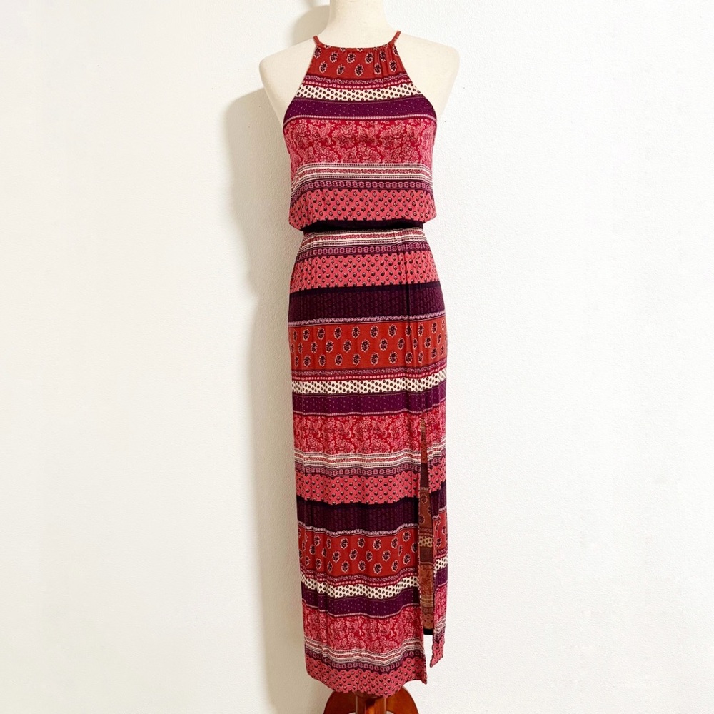 American Eagle Soft & Sexy Floral Stripe Front Slit Maxi Dress